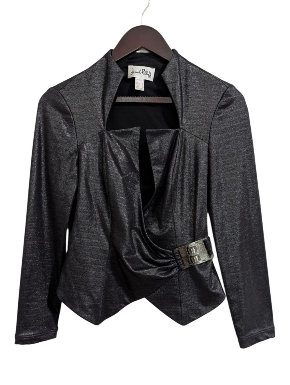 Joseph Ribkoff Metallic Shimmer Wrap Jacket Buckle Accent Size 4 Black Charcoal